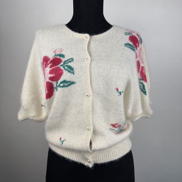 Vintage 80s 90s Angora Blend Floral Cardigan Short Sleeve, Made in Hong Kong - Picture 1 of 15